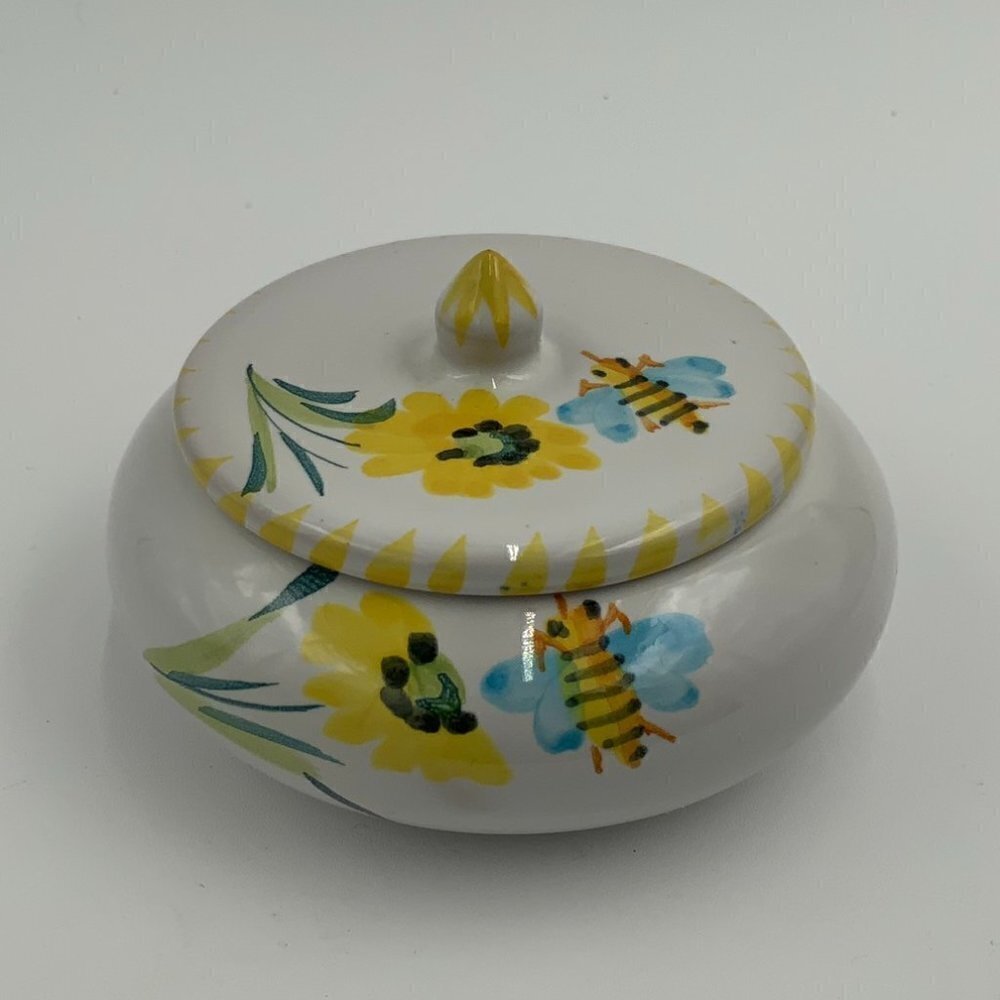 Italian Hand Painted Round Pottery Bumble Bee Trinket Box w/Lid Italy Marked